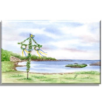 Leinwand 40 x 30 cm Keilrahmen Canvas-Leinen Folienmagnet Aquarell Kunst Druck Kunstdruck Schweden Sweden Sverige Mittsommer Mittsommerfest Midsommar